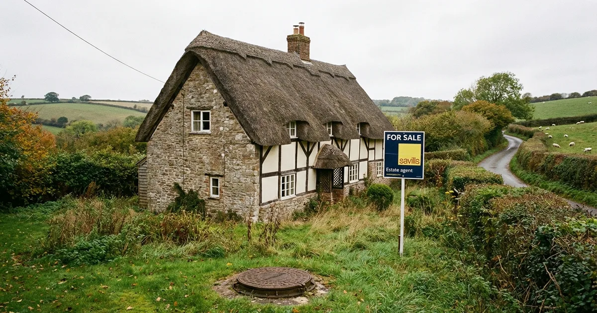English country cottage for sale with estate agent sign and septic tank area in garden
