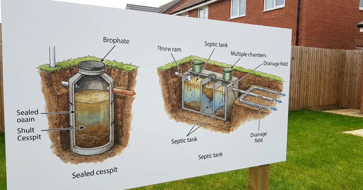 Cross-section comparison of a cesspit versus a septic tank underground in a UK garden