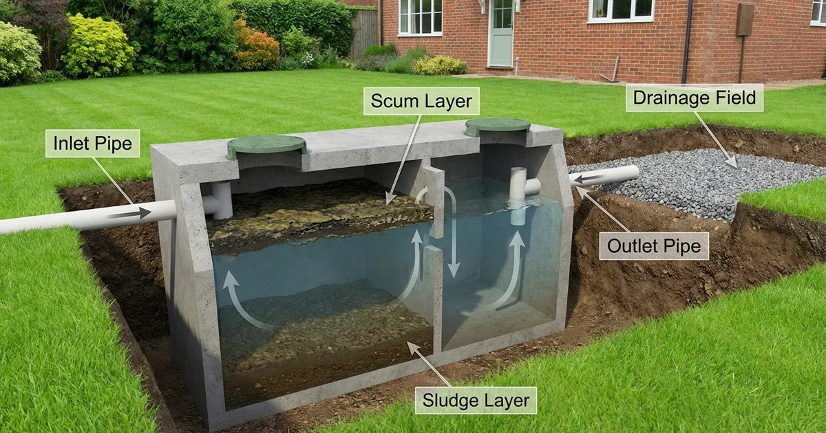 Cutaway cross-section of a septic tank showing internal chambers and drainage field