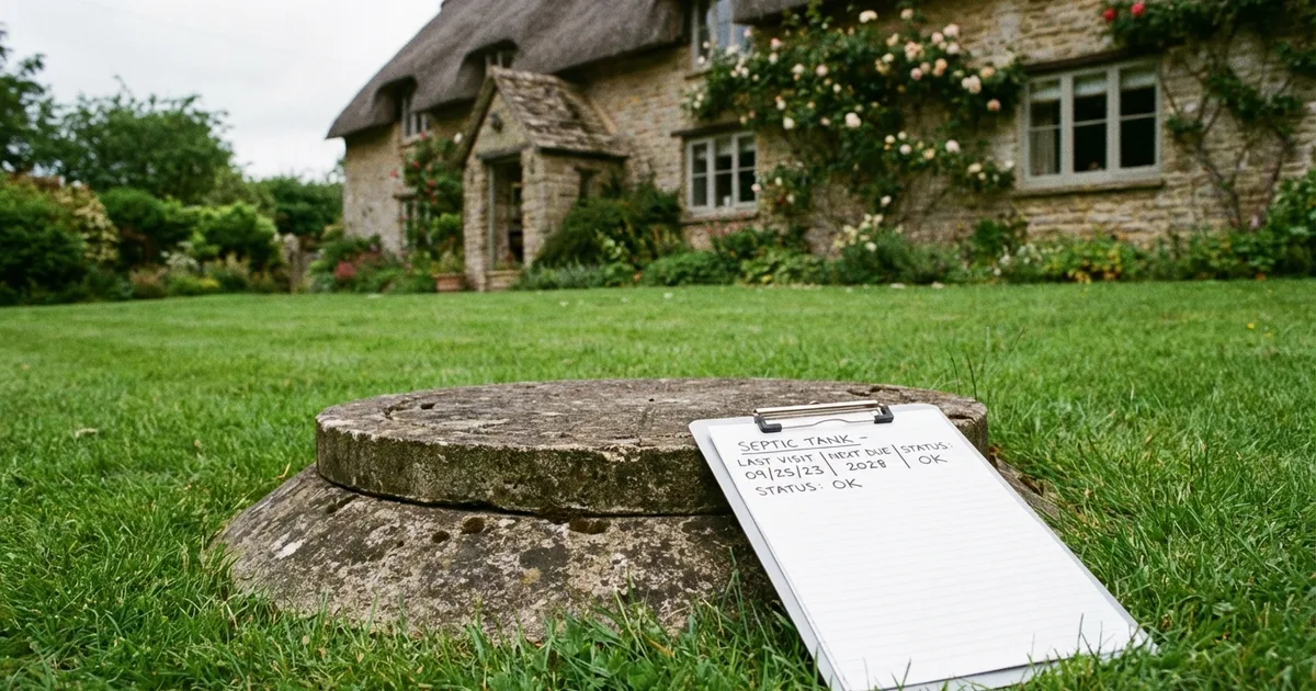 Septic tank manhole cover in an English garden with maintenance schedule