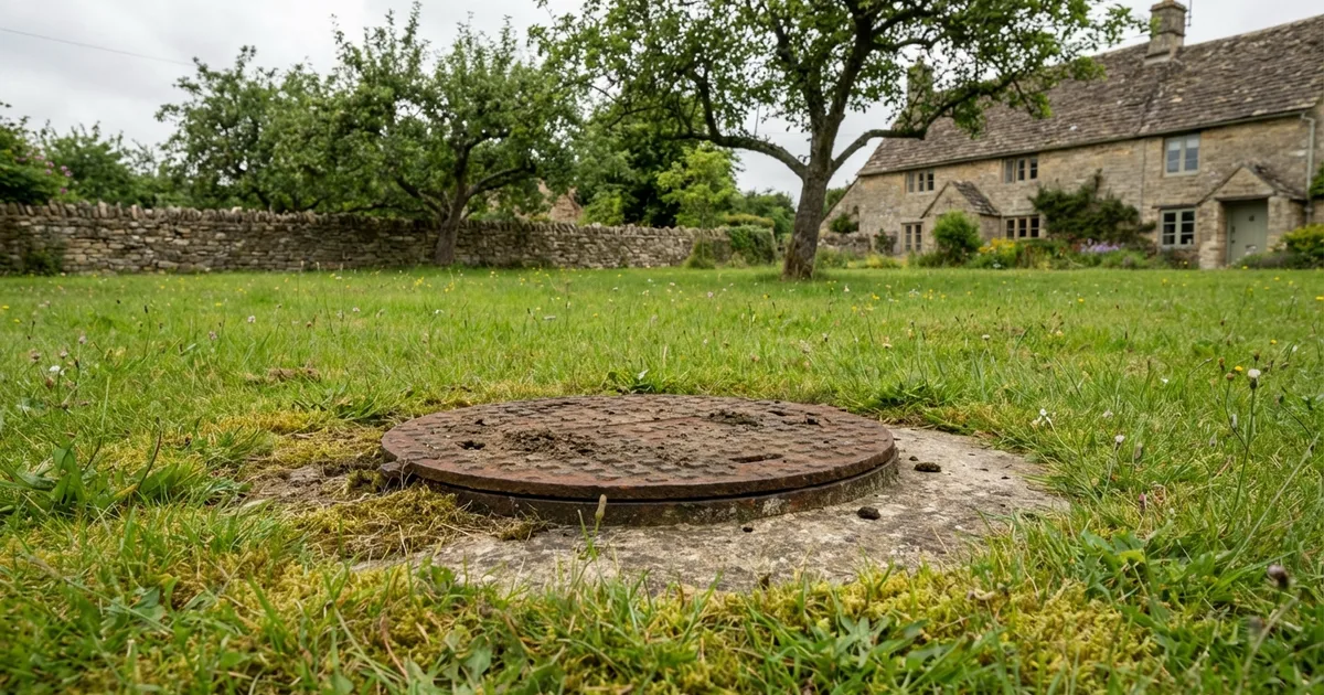 A garden in rural England with a partially visible manhole cover marking a septic tank location