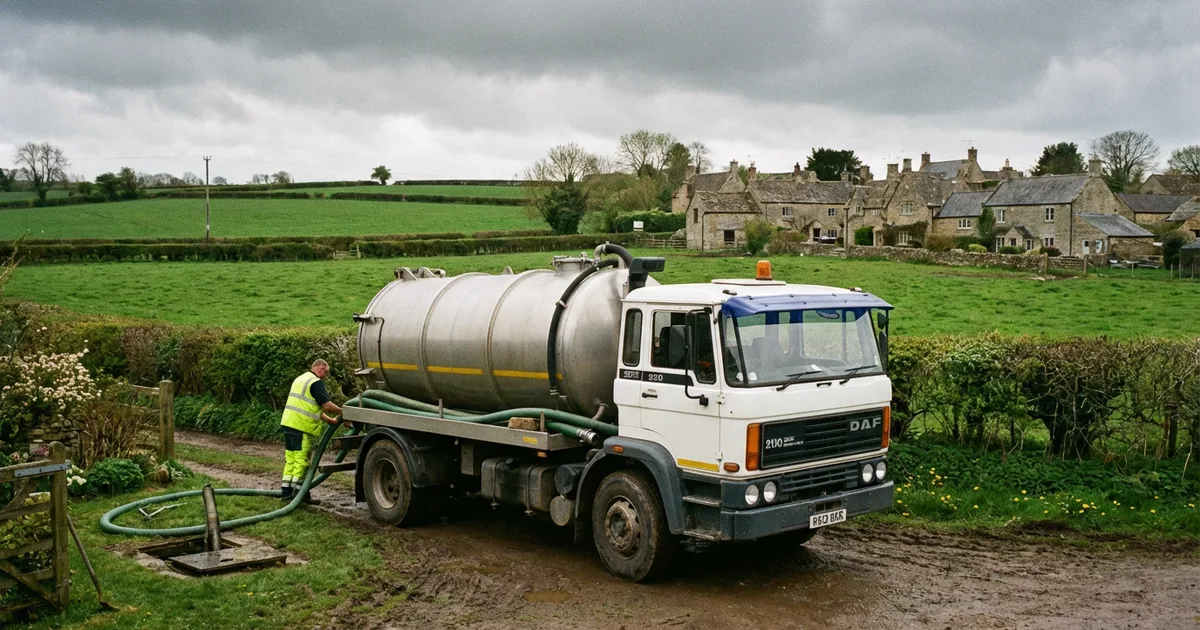 Vacuum tanker truck pumping out a residential septic tank in the rural English countryside