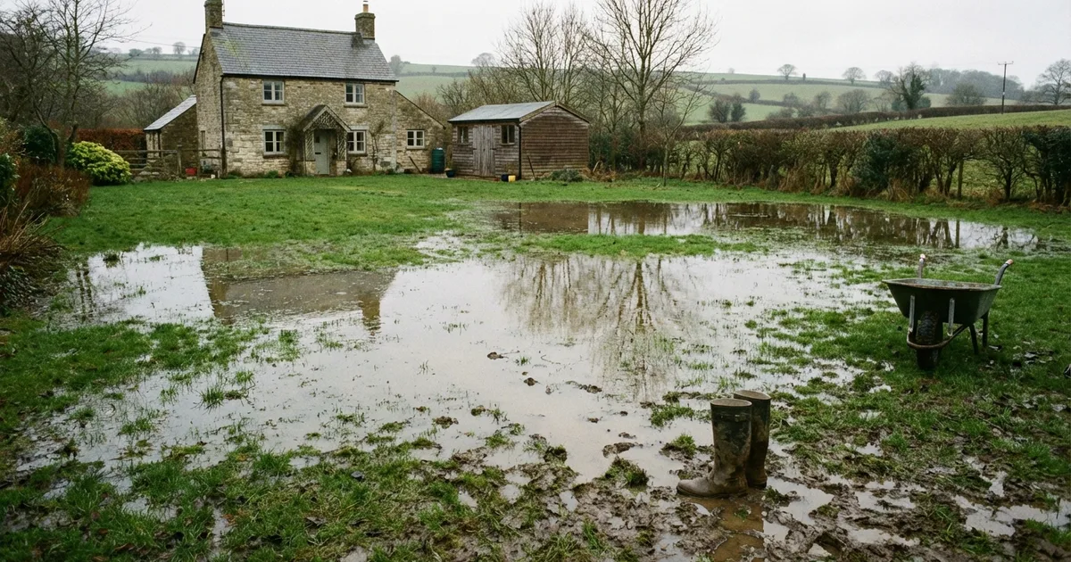 A waterlogged garden with standing water on the lawn, a common sign of soakaway failure