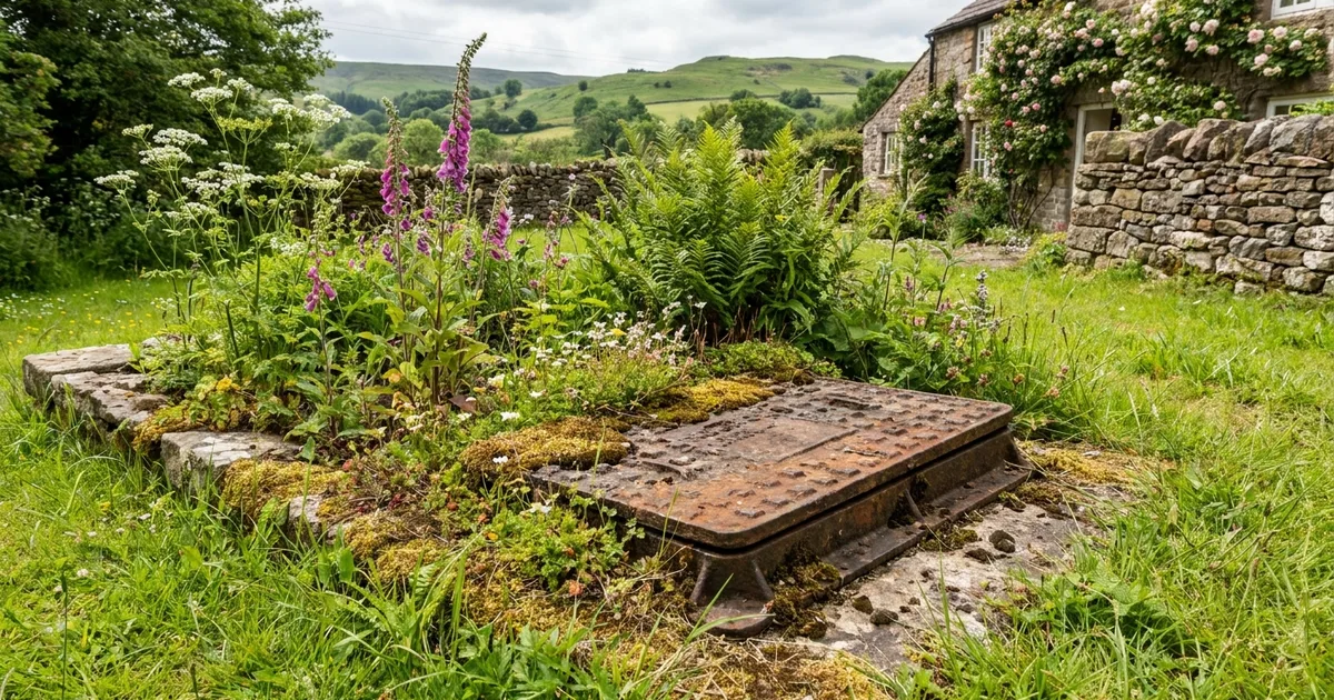 A tanker access cover in a rural garden, the visible part of an underground cesspit